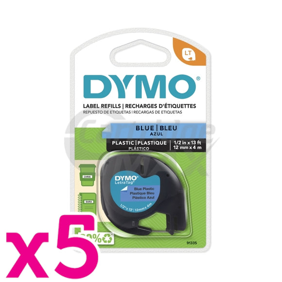 5 x Dymo 91335 Original 12mm x 4m Black On Blue LetraTag Plastic Tape