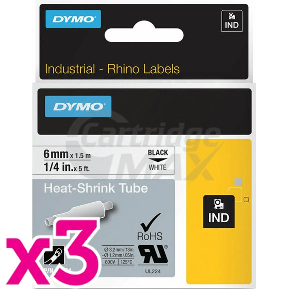 3 x Dymo SD18051 Original 6mm Black Text on White Heat-Shrink Tube Industrial Rhino Label Cassette - 1.5 meters