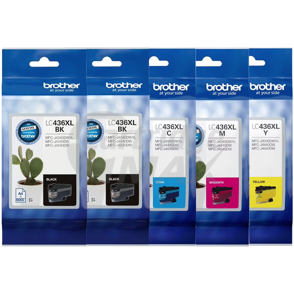 5 Pack Brother LC-436XL Original High Yield Ink Cartridges Combo [2BK, 1C, 1M, 1Y]