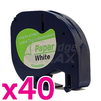 40 x Dymo SD91200 Generic 12mm x 4m Black on White LetraTag Label Paper Tape