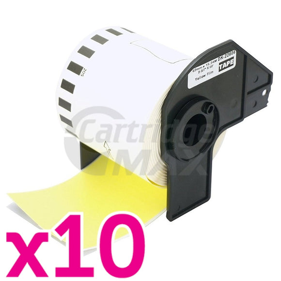 10 x Brother DK-22606 Generic Black Text on Yellow Continuous Film Label Roll 62mm x 15.24m
