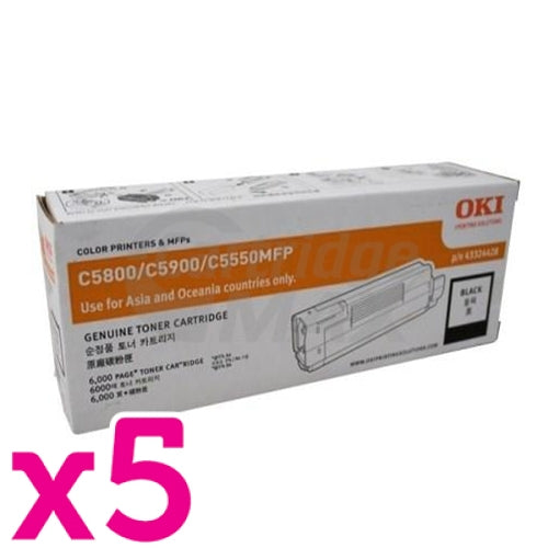 5 x OKI Original C5800/5900/C5550MFP Black Toner Cartridge - 6,000 pages (43324428)