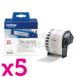 5 x Brother DK-22223 Original Black Text on White Continuous Paper Label Roll 50mm x 30.48m