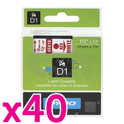 40 x Dymo SD45015 / S0720550 Original 12mm Red Text on White Label Cassette - 7 meters
