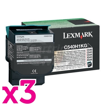 3 x Lexmark (C540H1KG) Original C540 / C543 / C544 / C546 / X543 / X544 / X546 Black HY Toner Cartridge