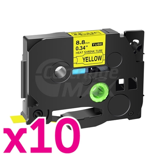 10 x Brother HSe-621 Generic 8.8mm Black Text on Yellow Heat Shrink Tube Tape - 1.5 meters
