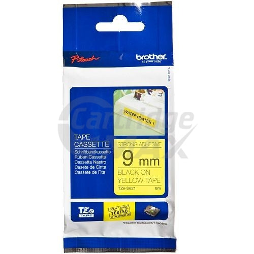 Brother TZe-S621 Original 9mm Black Text on Yellow Strong Adhesive Laminated Tape - 8 metres