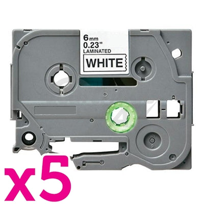 5 x Brother TZe-211 Generic 6mm Black Text on White Laminated Tape - 8 meters