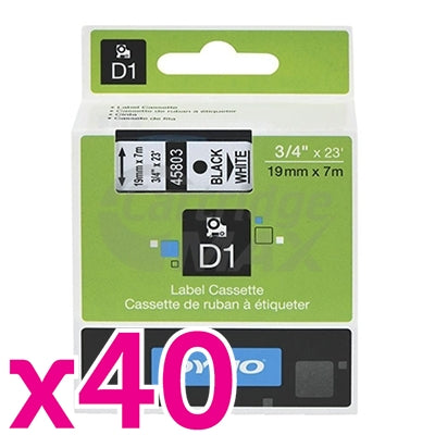 40 x Dymo SD45803 / S0720830 Original 19mm Black Text on White Label Cassette - 7 meters