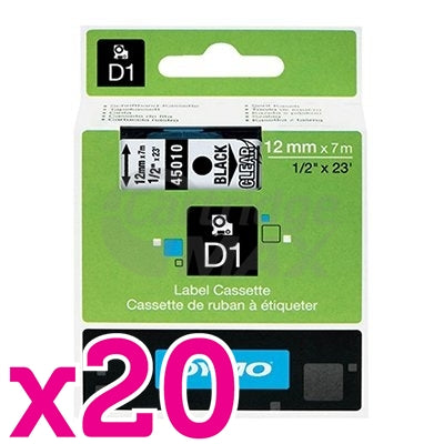20 x Dymo SD45010 / S0720500 Original 12mm Black Text on Clear Label Cassette - 7 meters
