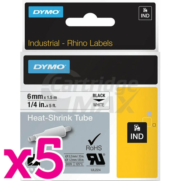 5 x Dymo SD18051 Original 6mm Black Text on White Heat-Shrink Tube Industrial Rhino Label Cassette - 1.5 meters