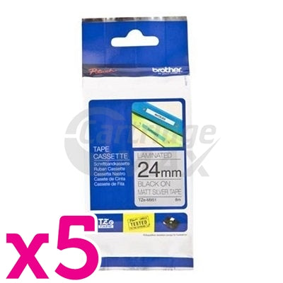 5 x Brother TZe-M951 Original 24mm Black Text on Matt Silver Laminated Tape - 8 metres
