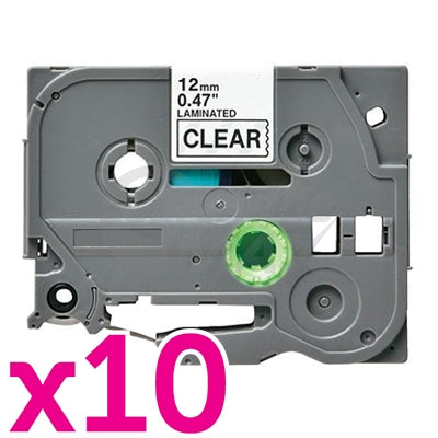 10 x Brother TZe-131 Generic 12mm Black Text on Clear Laminated Tape - 8 meters