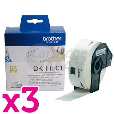 3 x Brother DK-11201 Original Black Text on White 29mm x 90mm Die-Cut Paper Label Roll - 400 labels per roll
