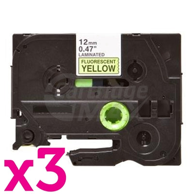 3 x Brother TZe-C31 Generic 12mm Black Text on Yellow Fluorescent Laminated Tape - 5 meters