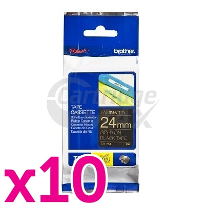 10 x Brother TZe-354 Original 24mm Gold Text on Black Laminated Tape - 8 meters