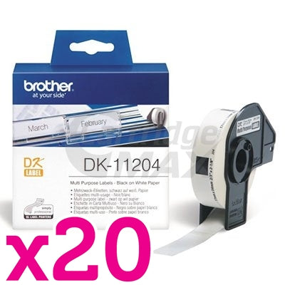 20 x Brother DK-11204 Original Black Text on White Die-Cut Paper Label Roll 17mm x 54mm - 400 labels per roll