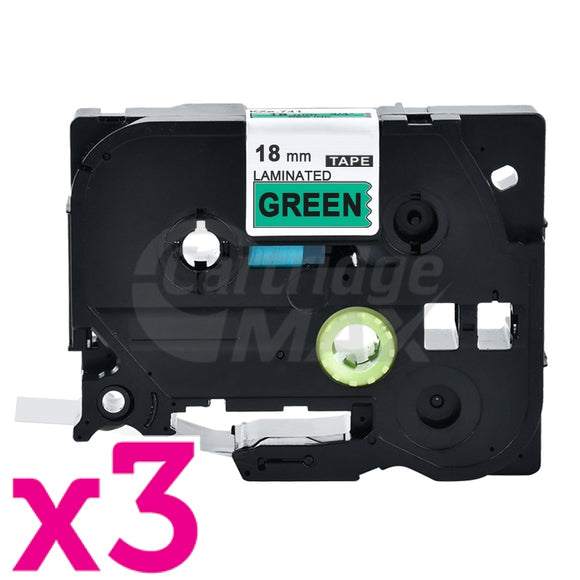 3 x Brother TZe-741 Generic 18mm Black Text on Green Laminated Tape - 8 meters