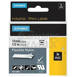 Dymo SD18488 Original 12mm Black Text on White Flexible Nylon Industrial Rhino Label Cassette - 3.5 meters