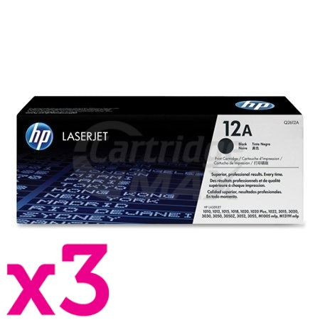 3 x HP Q2612A (12A) Original Black Toner Cartridge - 2,000 Pages