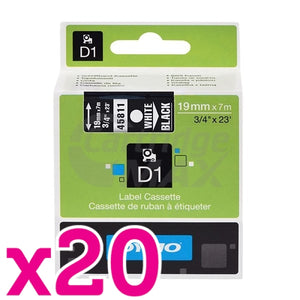 20 x Dymo SD45811 / S0720910 Original 19mm White Text on Black Label Cassette - 7 meters
