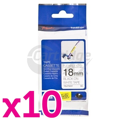 10 x Brother TZe-FX241 Original 18mm Black Text on White Flexible ID Laminated Tape - 8 metres