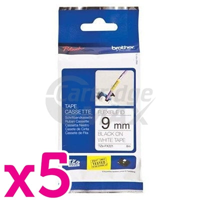 5 x Brother TZe-FX221 Original 9mm Black Text on White Flexible ID Laminated Tape - 8 metres