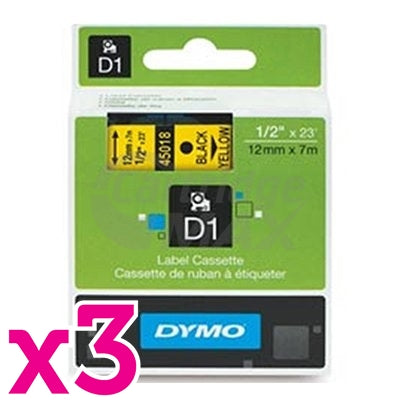 3 x Dymo SD45018 / S0720580 Original 12mm Black Text on Yellow Label Cassette - 7 meters