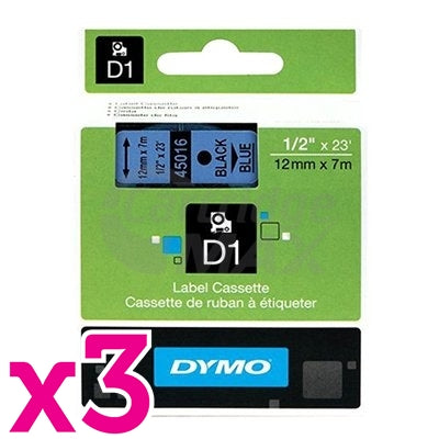 3 x Dymo SD45016 / S0720560 Original 12mm Black Text on Blue Label Cassette - 7 meters