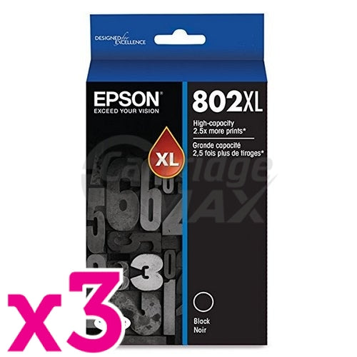 3 x Epson 802XL (C13T356192) Original Black High Yield Inkjet Cartridge