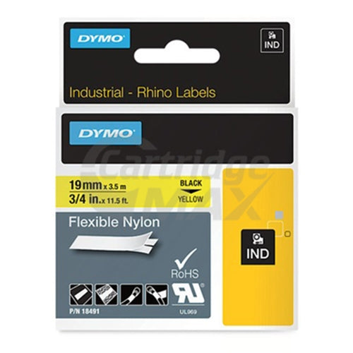 Dymo SD18491 Original 19mm Black Text on Yellow Flexible Nylon Industrial Rhino Label Cassette - 3.5 meters