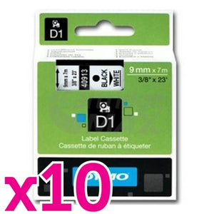 10 x Dymo SD40913 / S0720680 Original 9mm Black Text on White Label Cassette - 7 meters