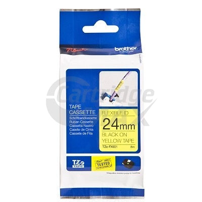 Brother TZe-FX651 Original 24mm Black Text on Yellow Flexible ID Laminated Tape - 8 metres