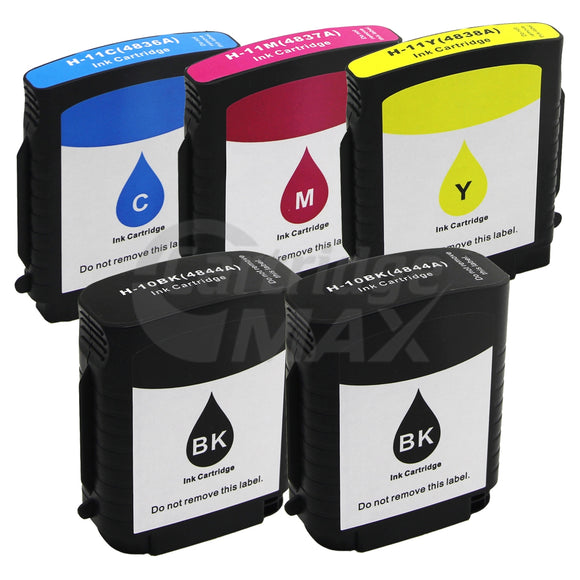 5 Pack HP 10 + 11 Generic Inkjet Cartridges C4844AA+C4836AA-C4838AA [2BK,1C,1M,1Y]