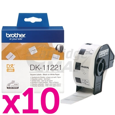 10 x Brother DK-11221 Original Black Text on White 23mm x 23mm Die-Cut Paper Label Roll - 1000 labels per roll