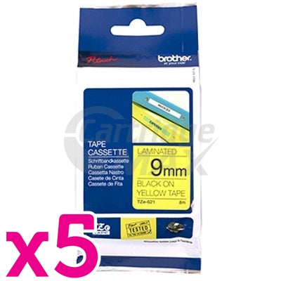 5 x Brother TZe-621 Original 9mm Black Text on Yellow Laminated Tape - 8 meters