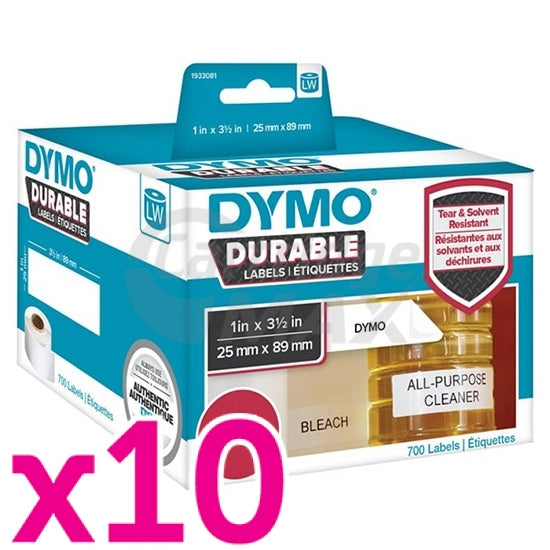 10 x Dymo 1933081 Original Durable Industrial White Label Roll 25mm x 89mm - 700 labels per roll