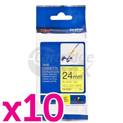 10 x Brother TZe-FX651 Original 24mm Black Text on Yellow Flexible ID Laminated Tape - 8 metres