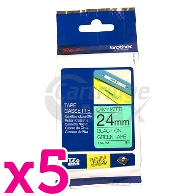 5 x Brother TZe-751 Original 24mm Black Text on Green Laminated Tape - 8 meters