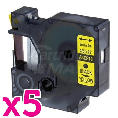 5 x Dymo SD40918 / S0720730 Generic 9mm Black Text on Yellow Label Cassette - 7 meters