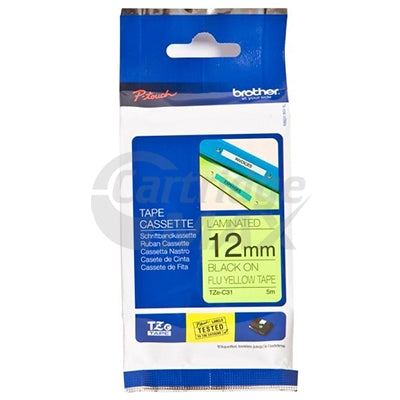 Brother TZe-C31 Original 12mm Black Text on Yellow Fluorescent Laminated Tape - 5 meters