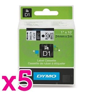5 x Dymo SD53713 / S0720930 Original 24mm Black Text on White Label Cassette - 7 meters