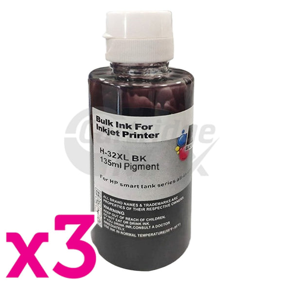 3 x HP 32XL Generic Black Ink Bottle 1VV24AA - 135ml