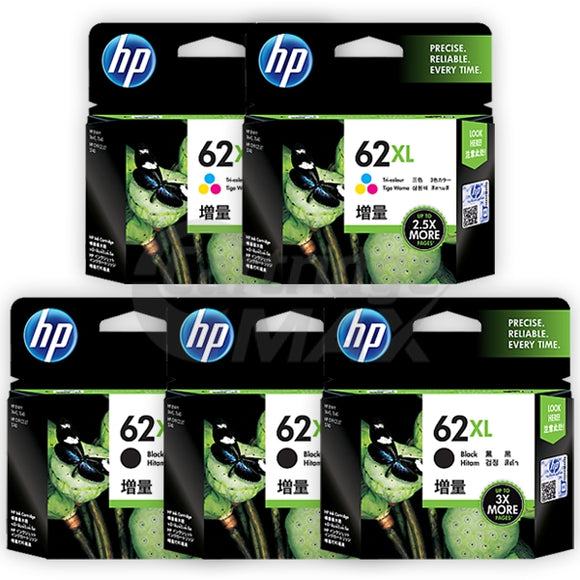 5 Pack HP 62XL Original High Yield Inkjet Cartridges C2P05AA + C2P07AA [3BK,2CL]