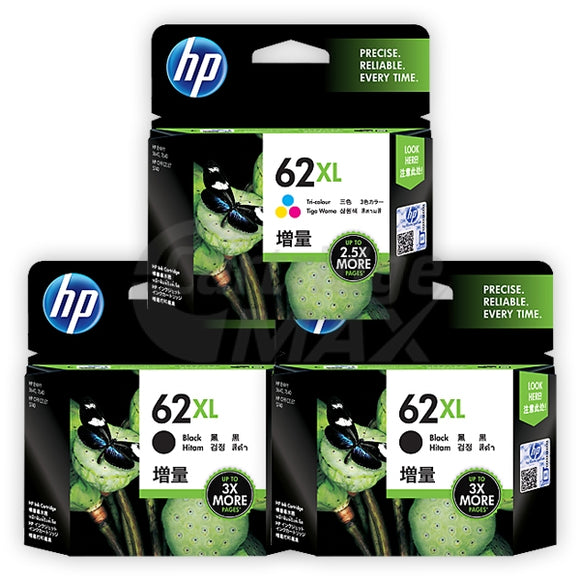 3 Pack HP 62XL Original High Yield Inkjet Cartridges C2P05AA + C2P07AA [2BK,1CL]