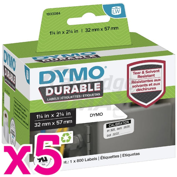 5 x Dymo 1933084 Original Durable Industrial White Label Roll 57mm x 32mm - 800 labels per roll