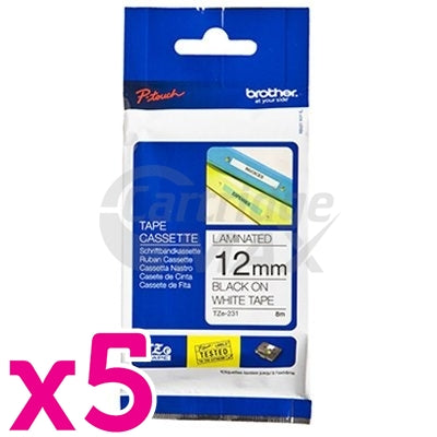5 x Brother TZe-231 Original 12mm Black Text on White Laminated Tape - 8 meters