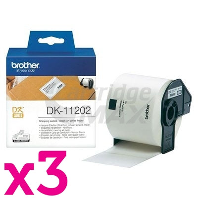 3 x Brother DK-11202 Original Black Text on White Die-Cut Paper Label Roll 62mm x 100mm - 300 labels per roll