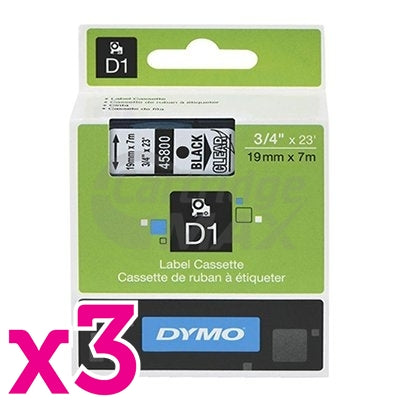 3 x Dymo SD45800 / S0720820 Original 19mm Black Text on Clear Label Cassette - 7 meters