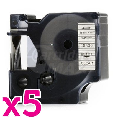 5 x Dymo SD45800 / S0720820 Generic 19mm Black Text on Clear Label Cassette - 7 meters